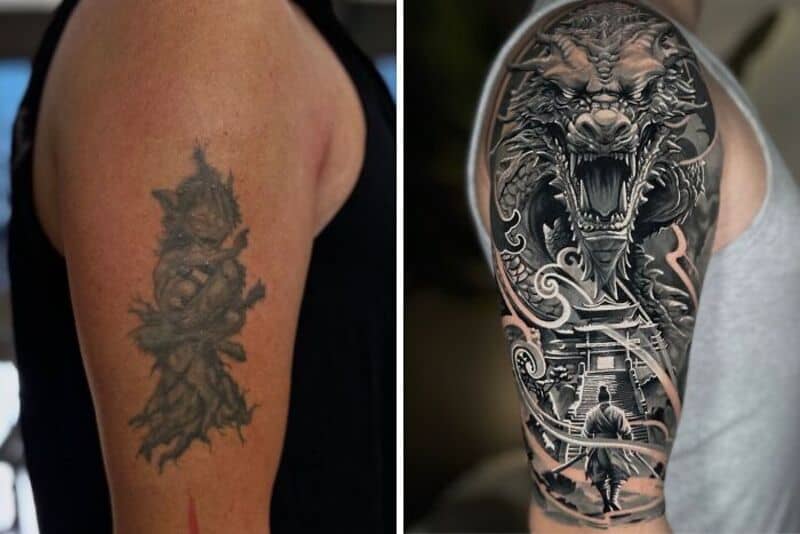 Tattoo cover-up with a fierce dragon and traditional Japanese elements.