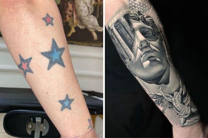 Two tattooed arms, one with colorful stars and the other with a black and gray face portrait.