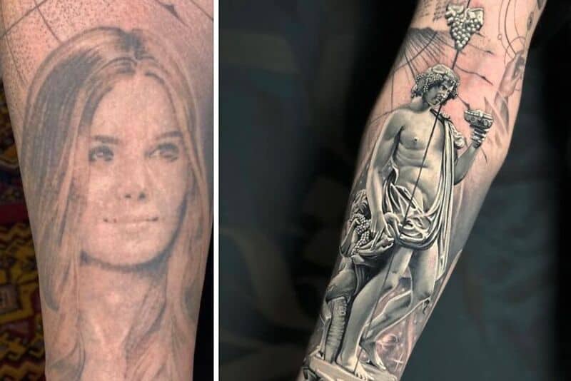 Tattoo cover-up of a woman's face and a detailed statue on an arm.