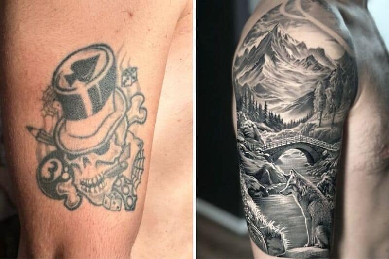 Tattoo cover-up with a detailed mountain landscape and river scene.
