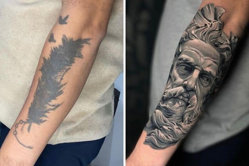 Two tattoos on forearms, one with a tree and bird, the other with a classical statue's face.