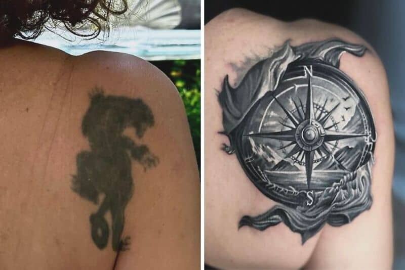 Tattoo cover-up with a detailed compass and stormy clouds design.