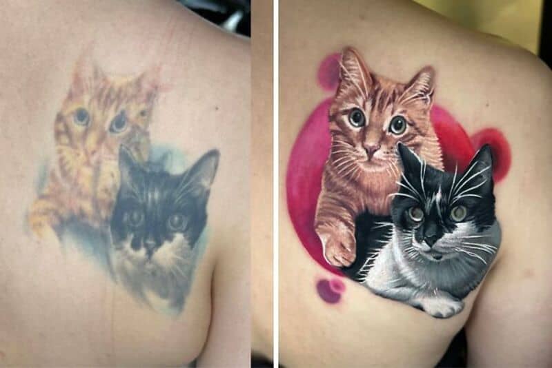 Before and after tattoo cover-up of two cats on shoulder.