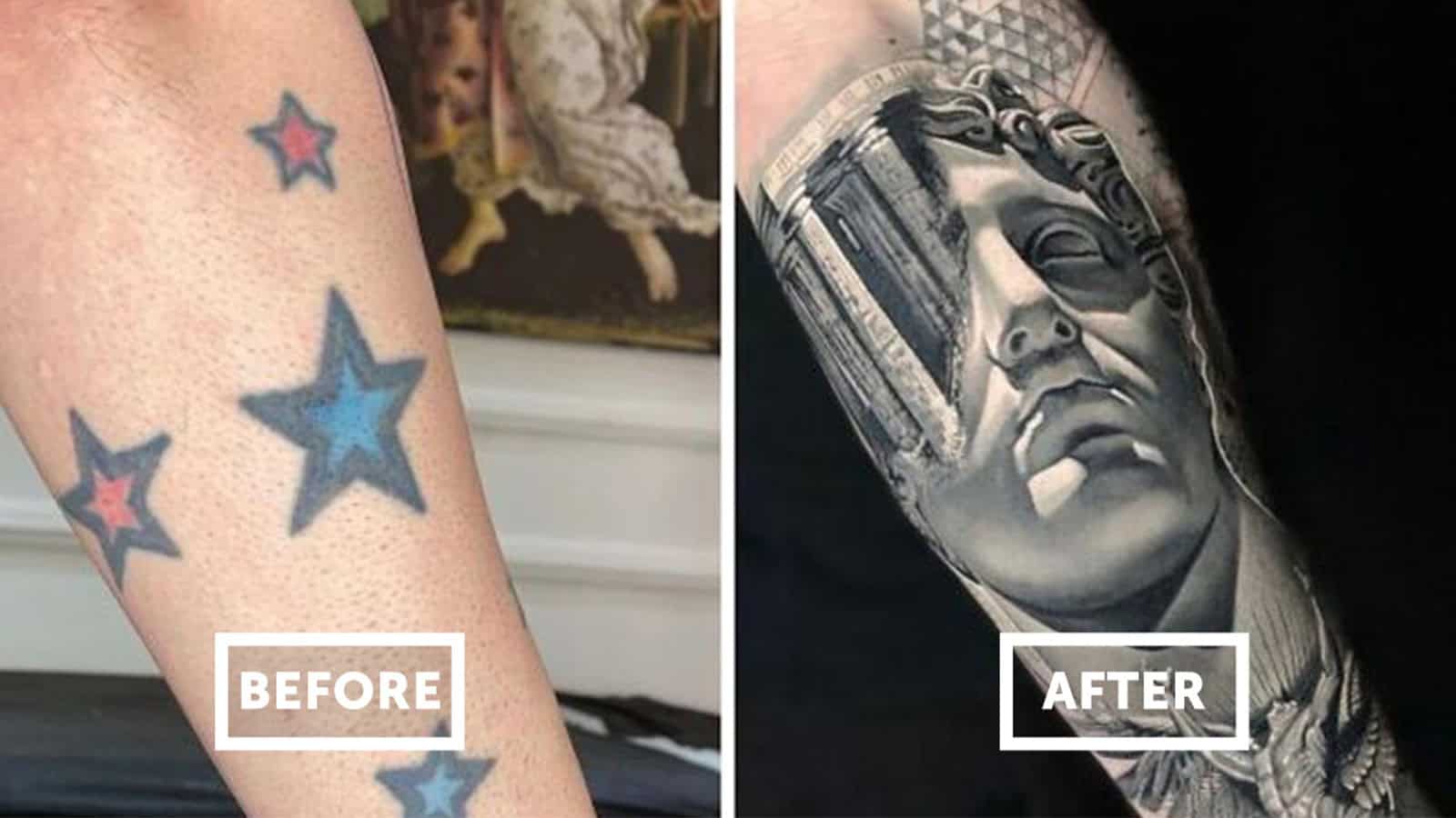 Tattoo cover-up transformation with stars and a detailed face.