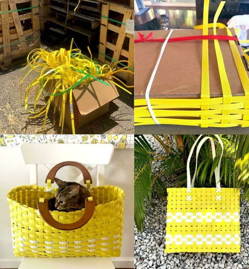 Colorful upcycled craft bags and decorations with yellow accents.