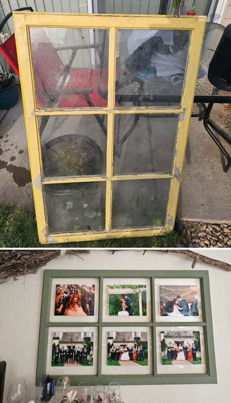 Old yellow window frame with six glass panes, some dirty and weathered.