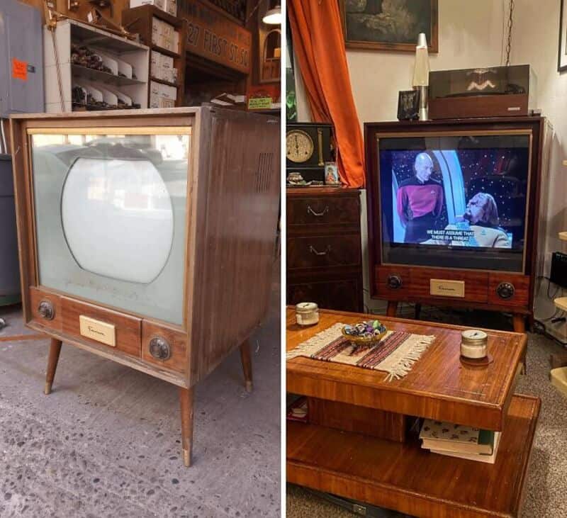 Vintage wooden TV before and after upcycling for upcycling-crafts post.