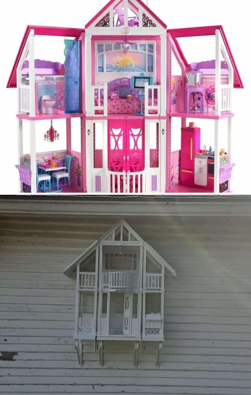 Colorful dollhouse with pink, purple, and white details, multiple rooms, and furniture.