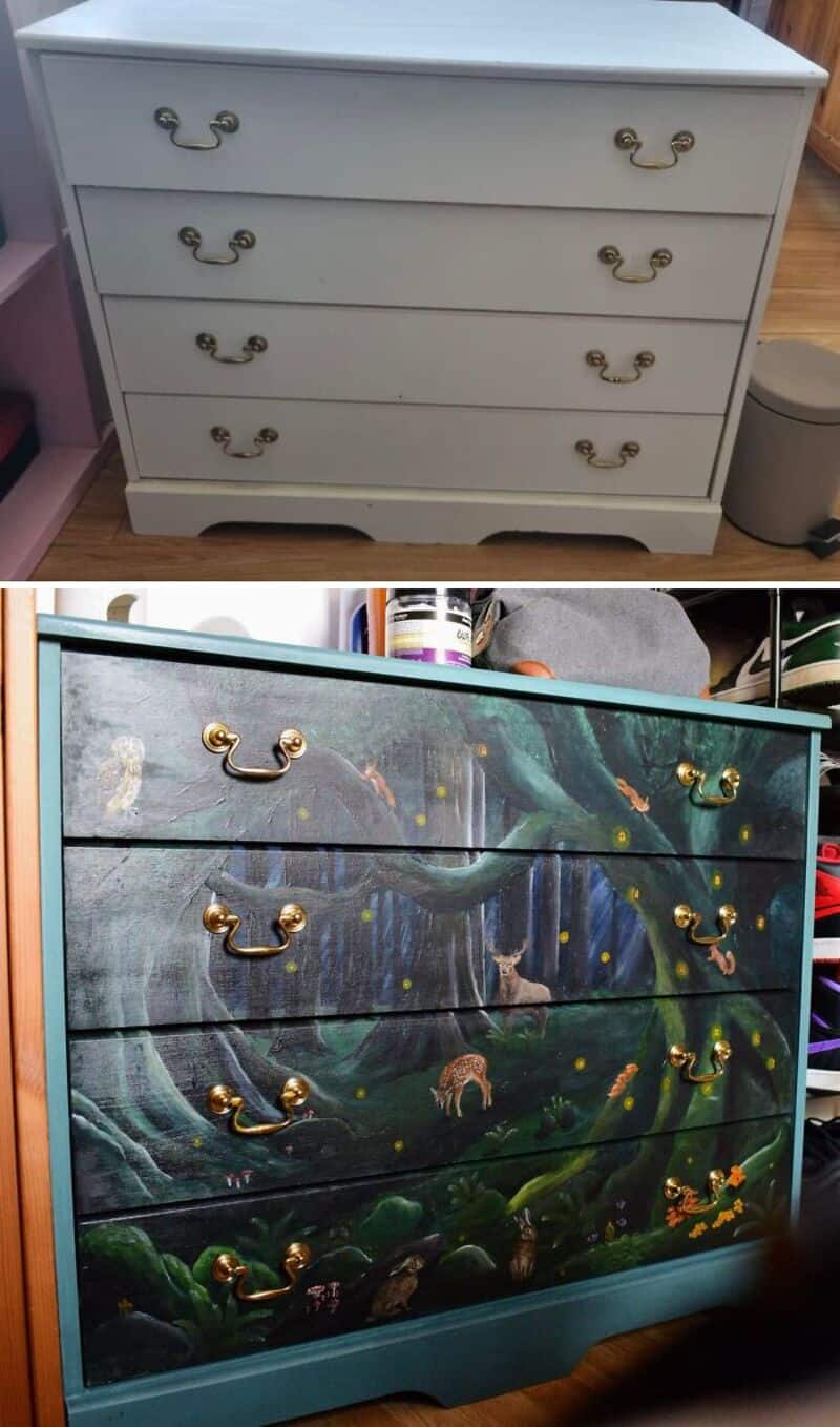 Upcycled dresser with painted jungle scene and gold handles.