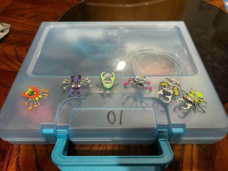 Colorful insect-themed craft pins on a plastic storage box.