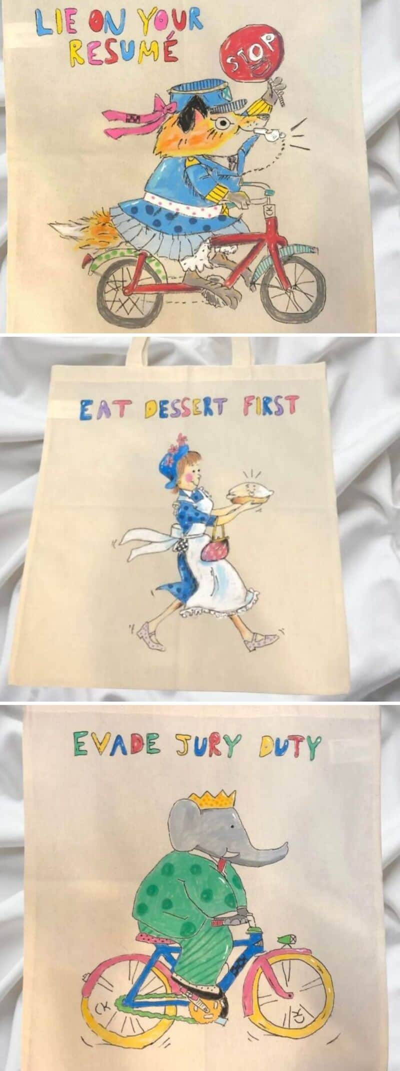 Colorful hand-drawn posters with animals in costumes promoting upcycling crafts.