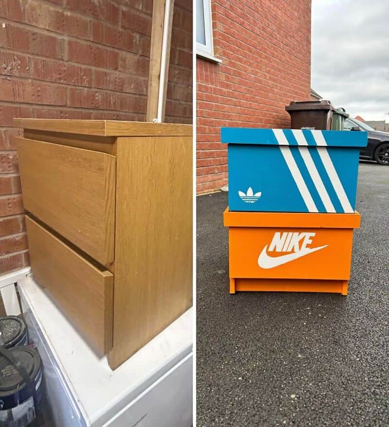 Side-by-side of a wooden dresser and two colorful upcycled storage boxes with sports brand logos.