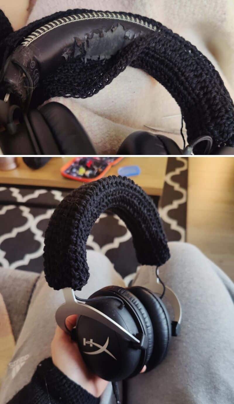 Headphones with a black, knitted headband cover, shown in two images.