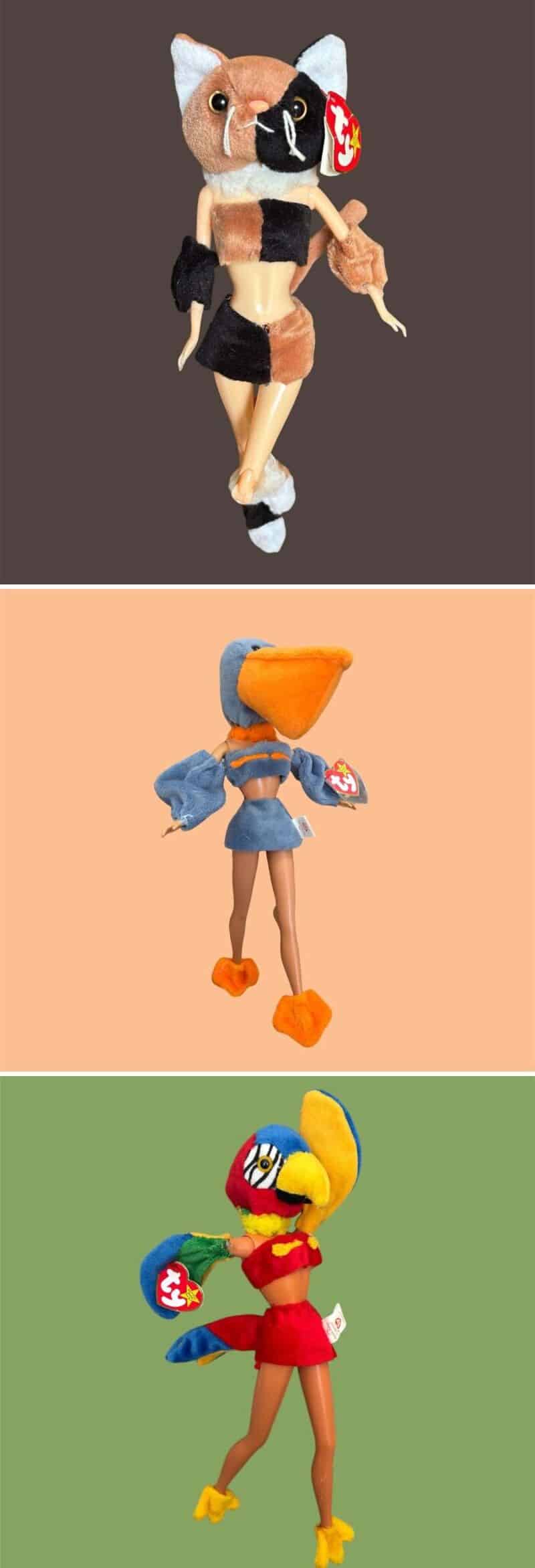 Three plush animal puppets: a dog, a bird, and a bird dressed as a superhero.