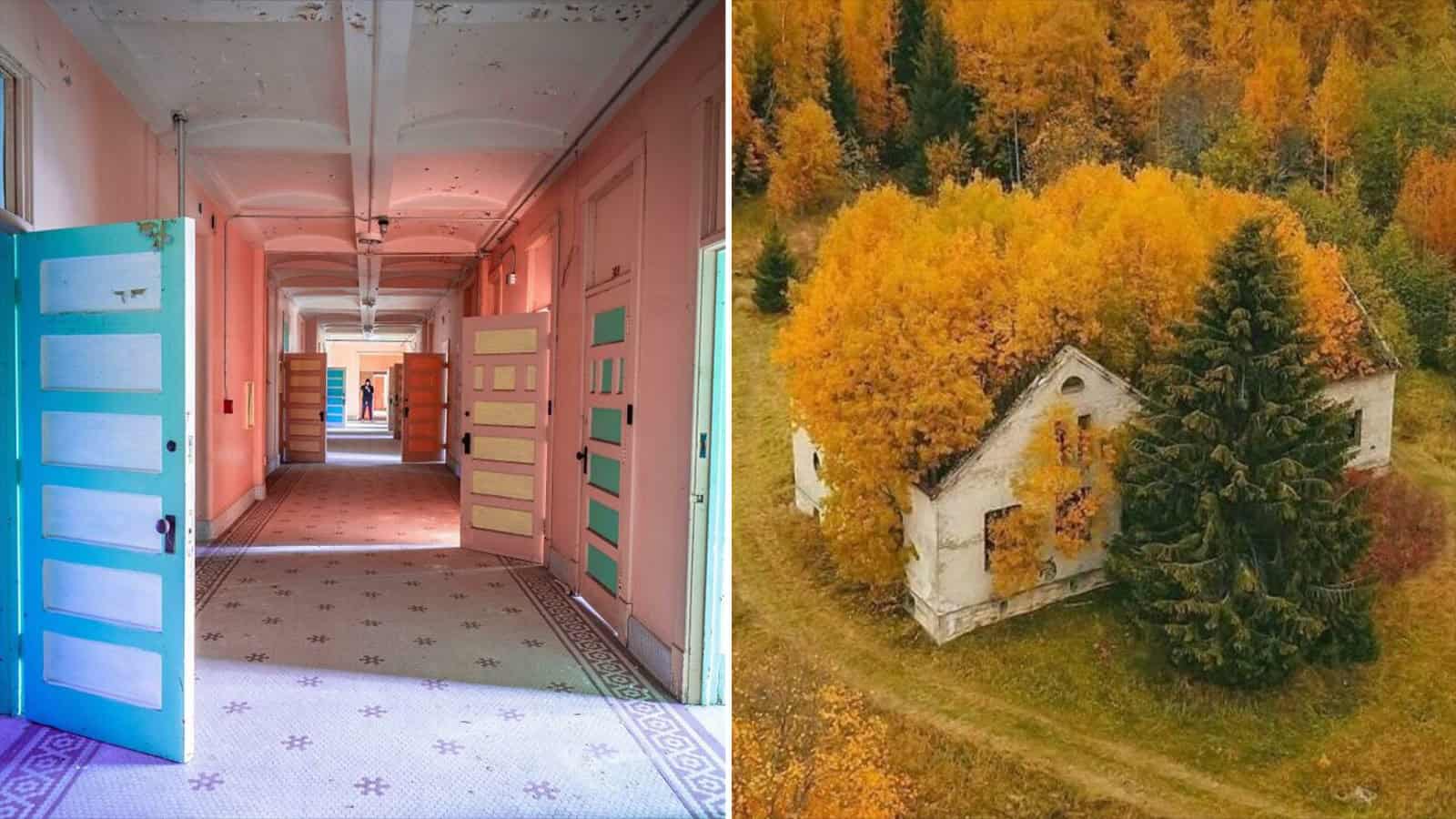 Colorful open doors in a corridor with pink walls and patterned carpet.