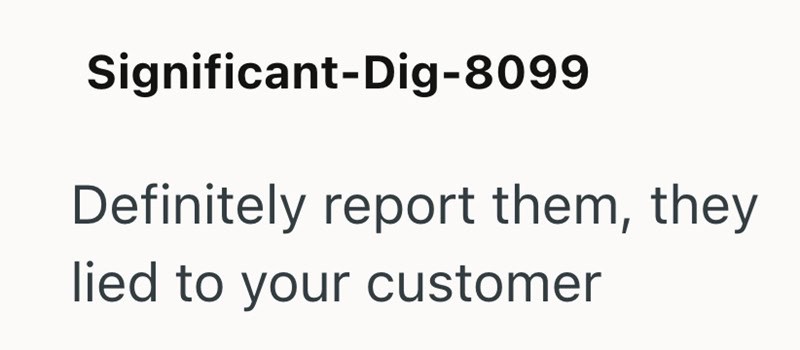 Sign reading 'Significant-Dig-8099' with text about reporting lies to customers.