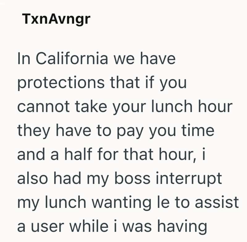 Text about California protections and employee lunch hour policies.