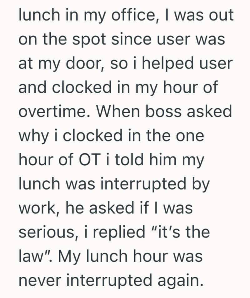 Text about lunch, overtime, and a boss questioning lunch interruption.