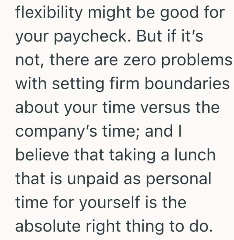 Text about setting firm boundaries and taking unpaid lunch breaks.