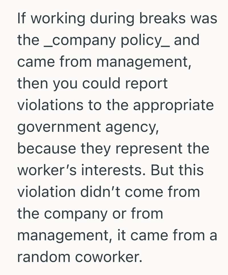Text about company policy and coworker violation during breaks.