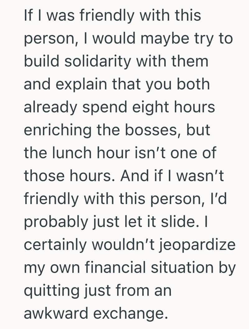 Person speaking with a speech bubble, text about building solidarity and financial situation.