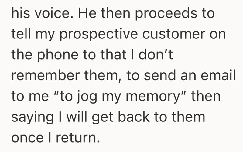 Text excerpt about a customer service interaction and memory jog.