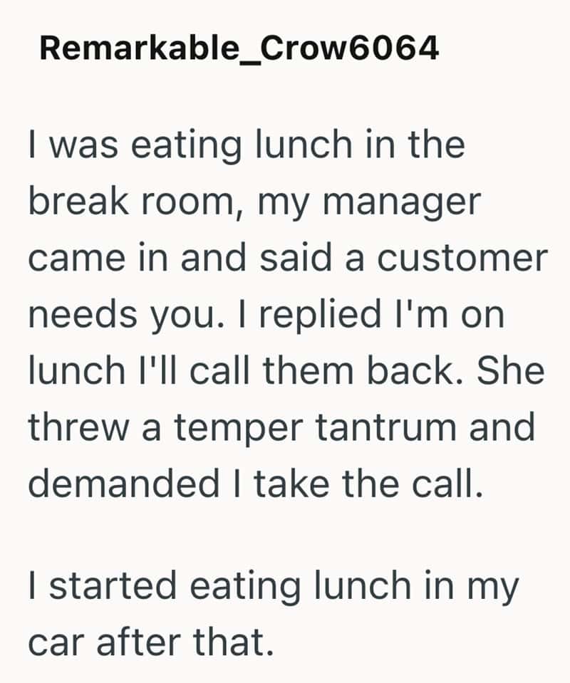 Employee eating lunch in car after manager demanded call during break.