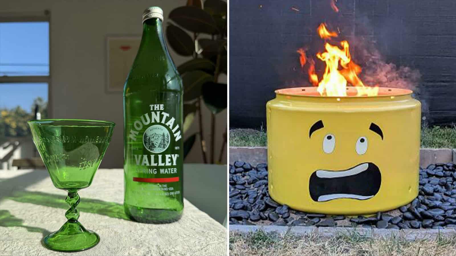 Upcycled green glass with bottle and yellow trash bin with face design.