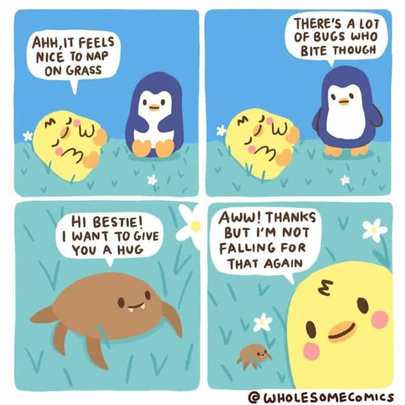 Cute animals having a conversation in a comic strip about bugs and hugs.