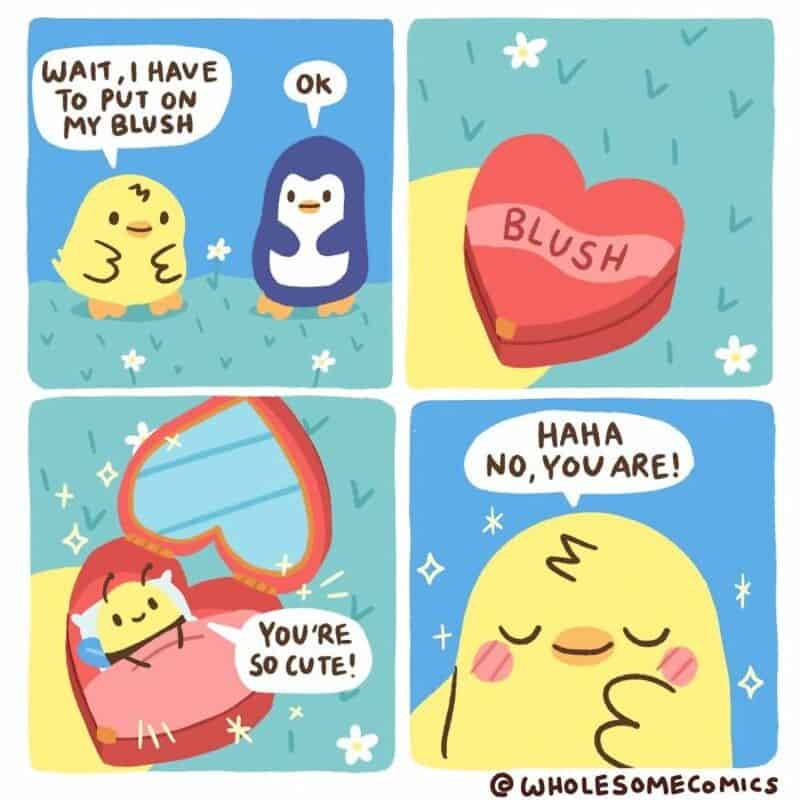 Cute comic with a chick and penguin talking about putting on blush and a heart-shaped blush.