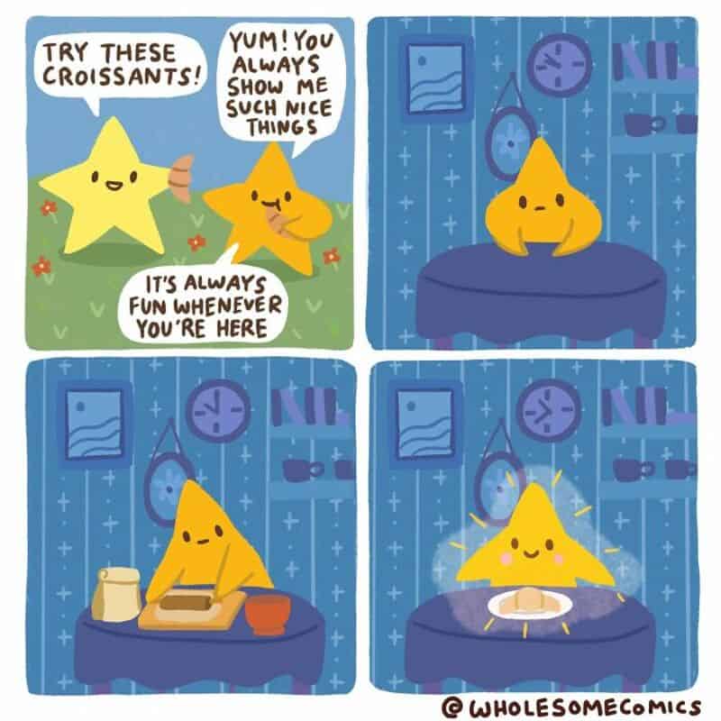 Star and starfish characters talking about croissants and fun times.