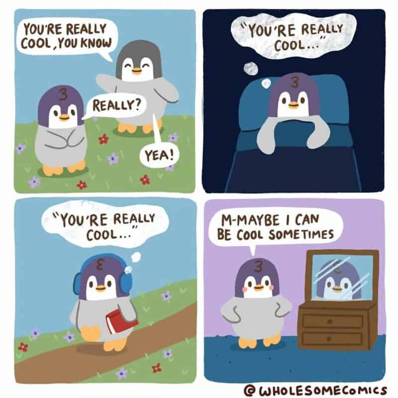 Penguins chatting in different settings, some with headphones or books, expressing coolness.