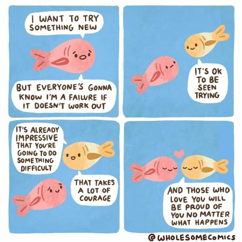 Four cartoon fish with encouraging messages about trying and loving.