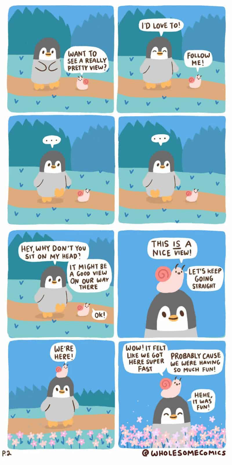 Cute penguin talking to a snail about a view, sitting on ice, with a forest background.