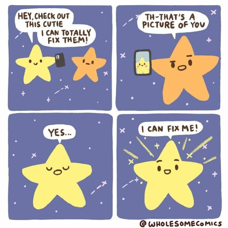 Four panels with cute stars talking about fixing each other, one taking a selfie.