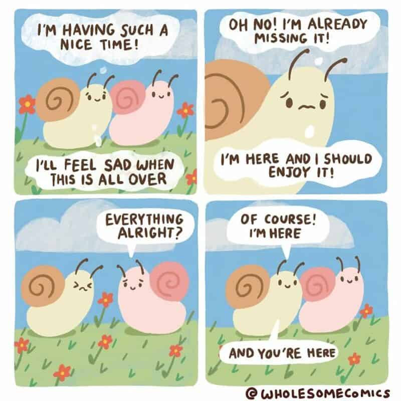 Snails having a conversation about missing and being present, with colorful flowers and blue sky.