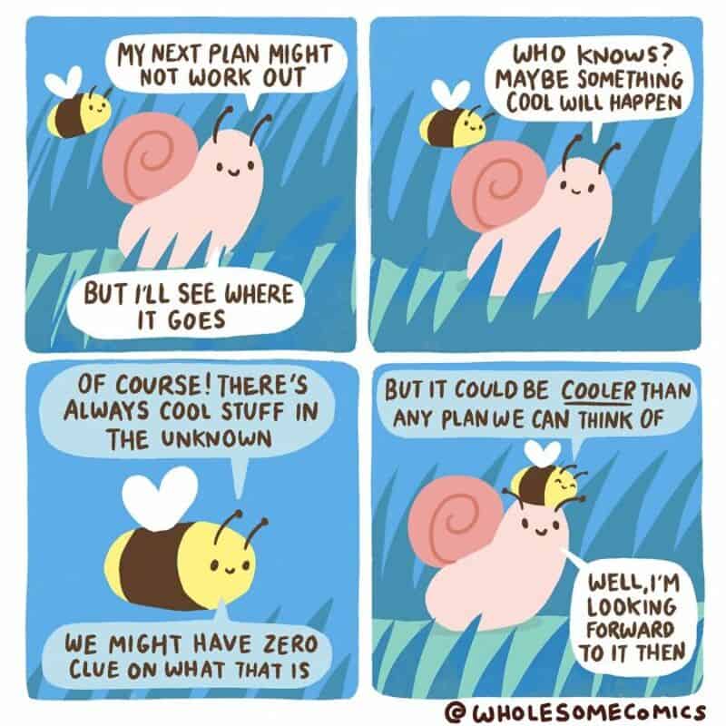 Cute snail and bee characters discussing plans and cool ideas in a comic strip.