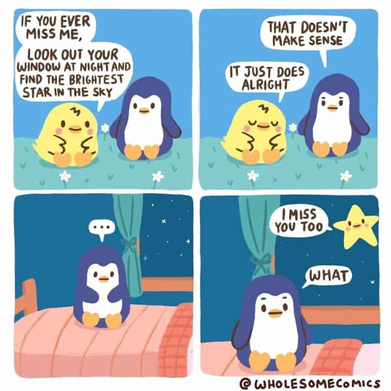 Cute penguin and star having a wholesome conversation about missing each other.