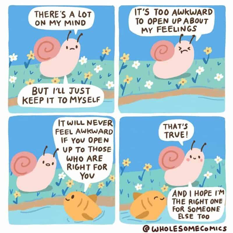 Cute snail and fish talking about feelings and being true to oneself.
