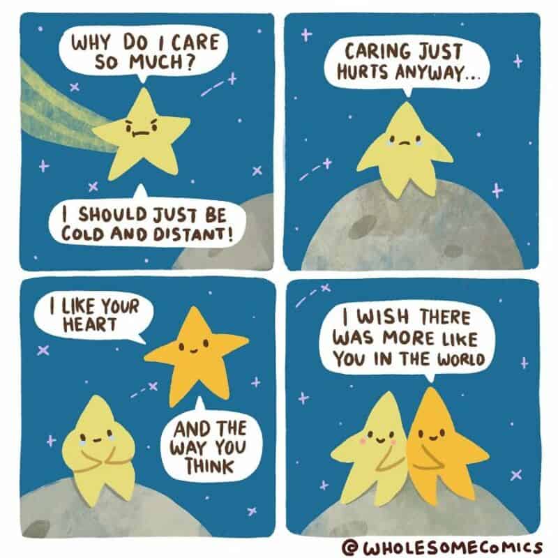 Wholesome comic with stars and planets discussing feelings and caring.