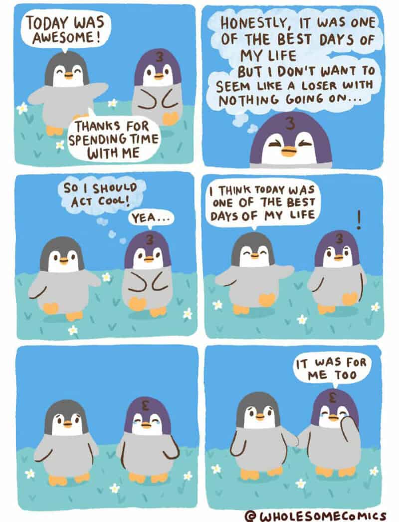 Two penguins talk about their great day and friendship.