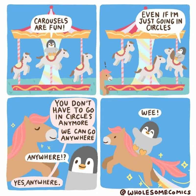 Penguin on a carousel horse says carousel is fun, and can go anywhere.