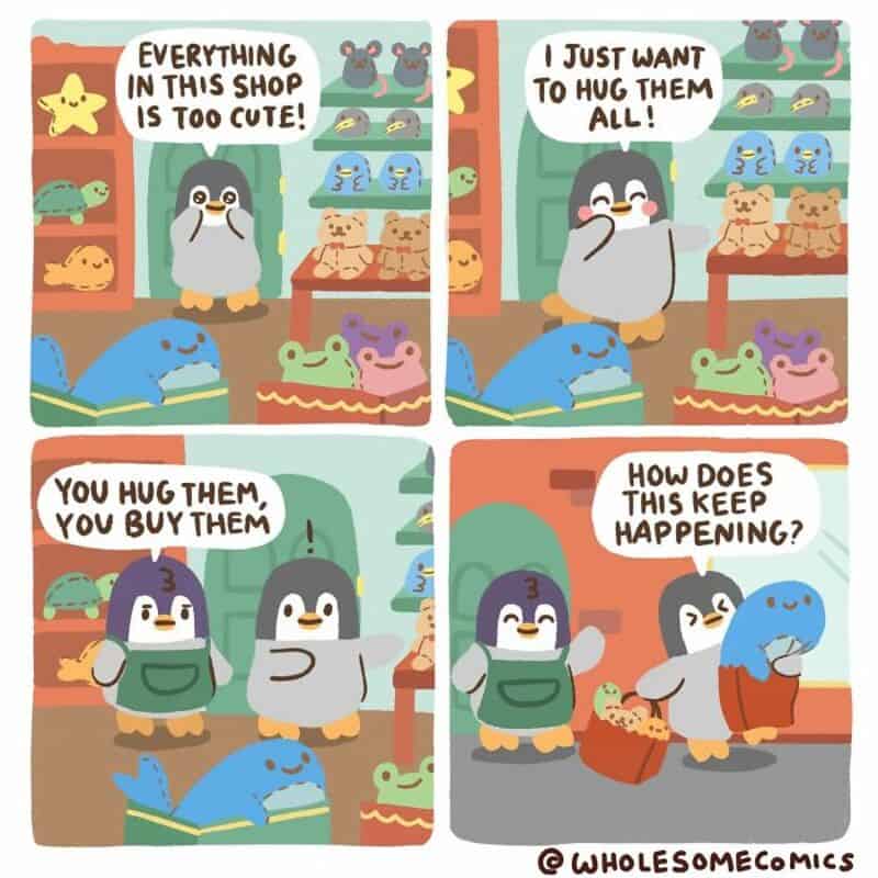 Cute penguins and animals in a shop, talking about hugging and buying plush toys.