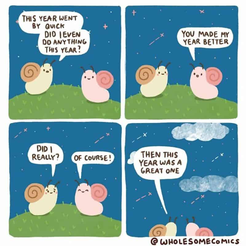 Snails talking about their year, saying it was quick and great, with a starry sky background.