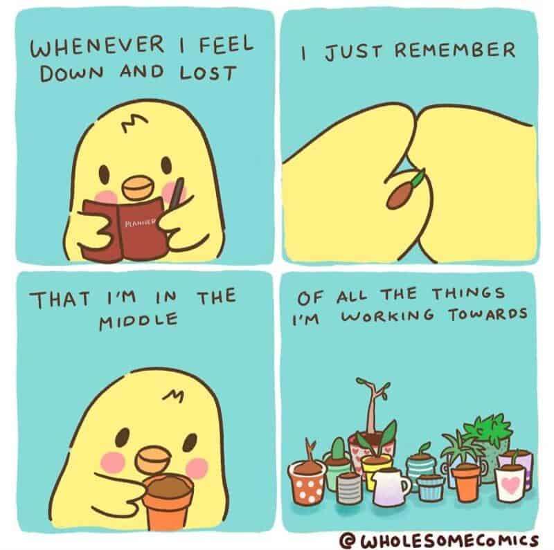 Cute yellow chick reading a book, holding a cup, and surrounded by plants.