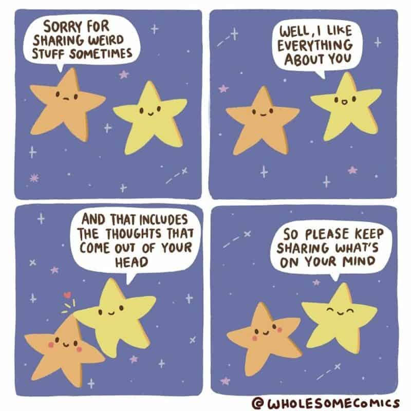 Four stars with speech bubbles sharing feelings and thoughts about sharing and liking.