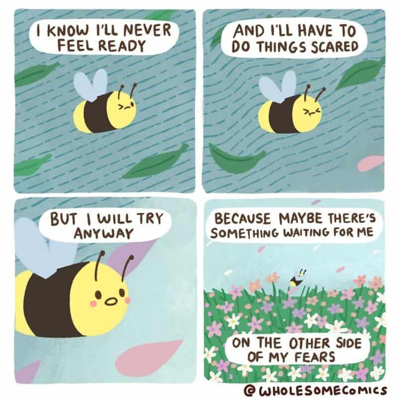 Bee talking about feeling unready and scared but trying anyway, with flowers and sky background.
