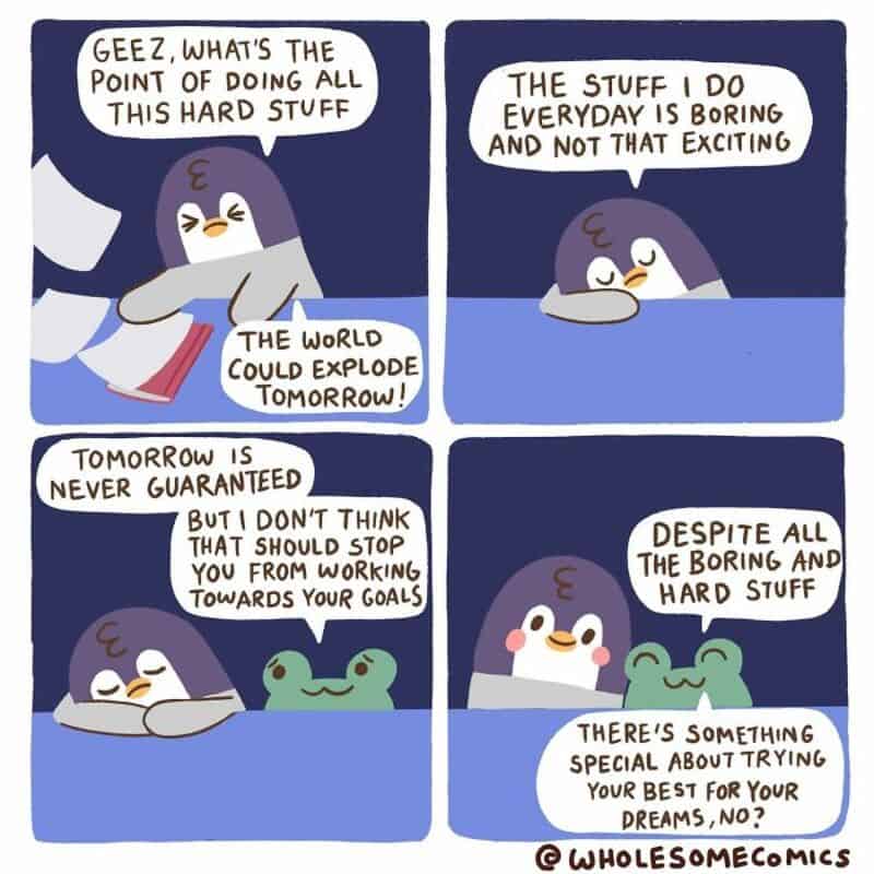 Cute penguin and frogs talking about hard work and dreams in a comic strip.
