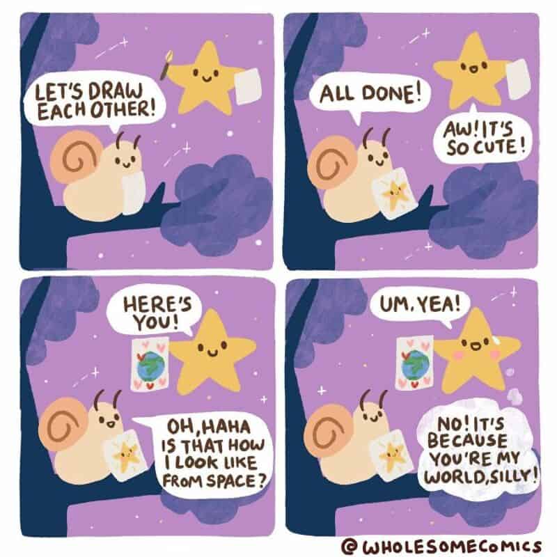 Cute snail and star drawing each other in space, sharing a conversation.