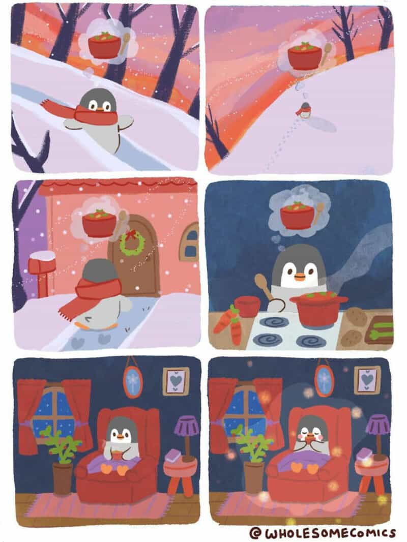 Cute snowman and penguin in winter scenes and cozy indoor settings.